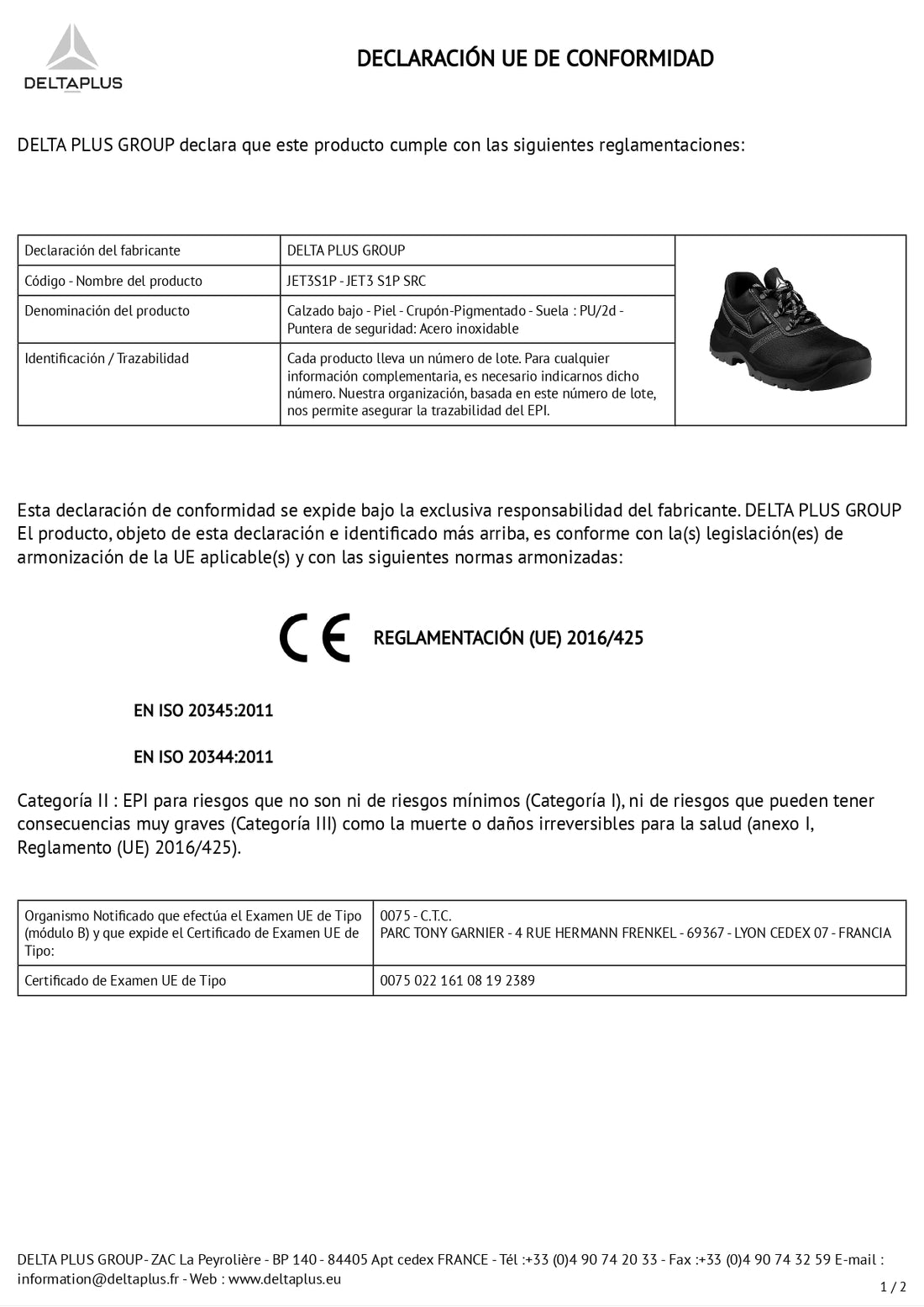 ZAPATO DE SEGURIDAD UNISEX MODELO JET3 S1P SRC